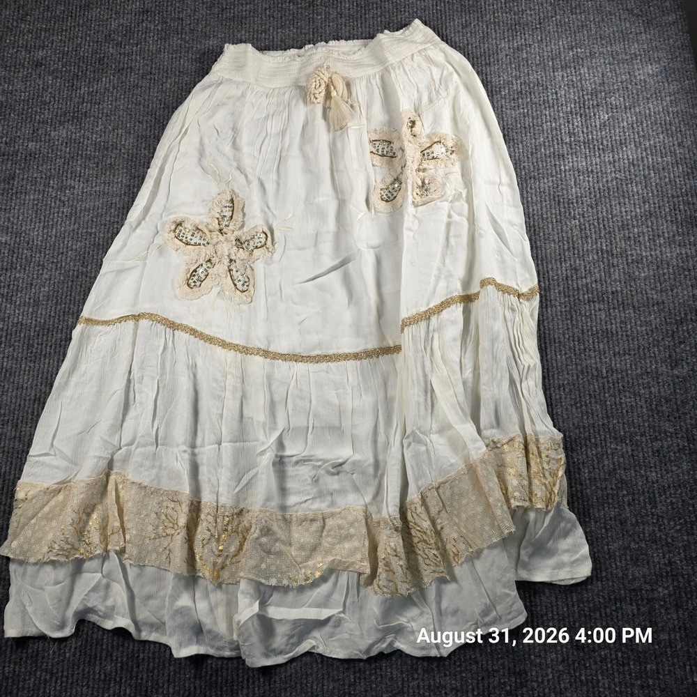 POL White Boho Crinkle Gauze Maxi Skirt Sequin Floral Applique Gold Trim Medium
